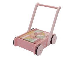 chariot en bois de la marque Little Dutch, avec cubes en bois, couleur rose
