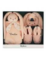 coffret naissance de la marque kaloo, couleur peche, avec doudou à personnaliser !